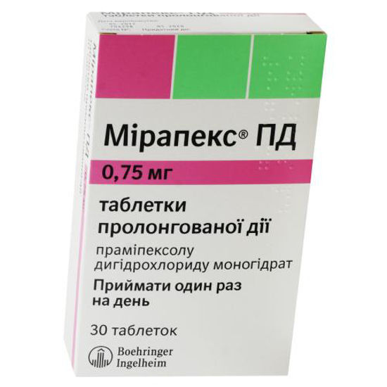 Мирапекс ПД таблетки 0.75мг №30
